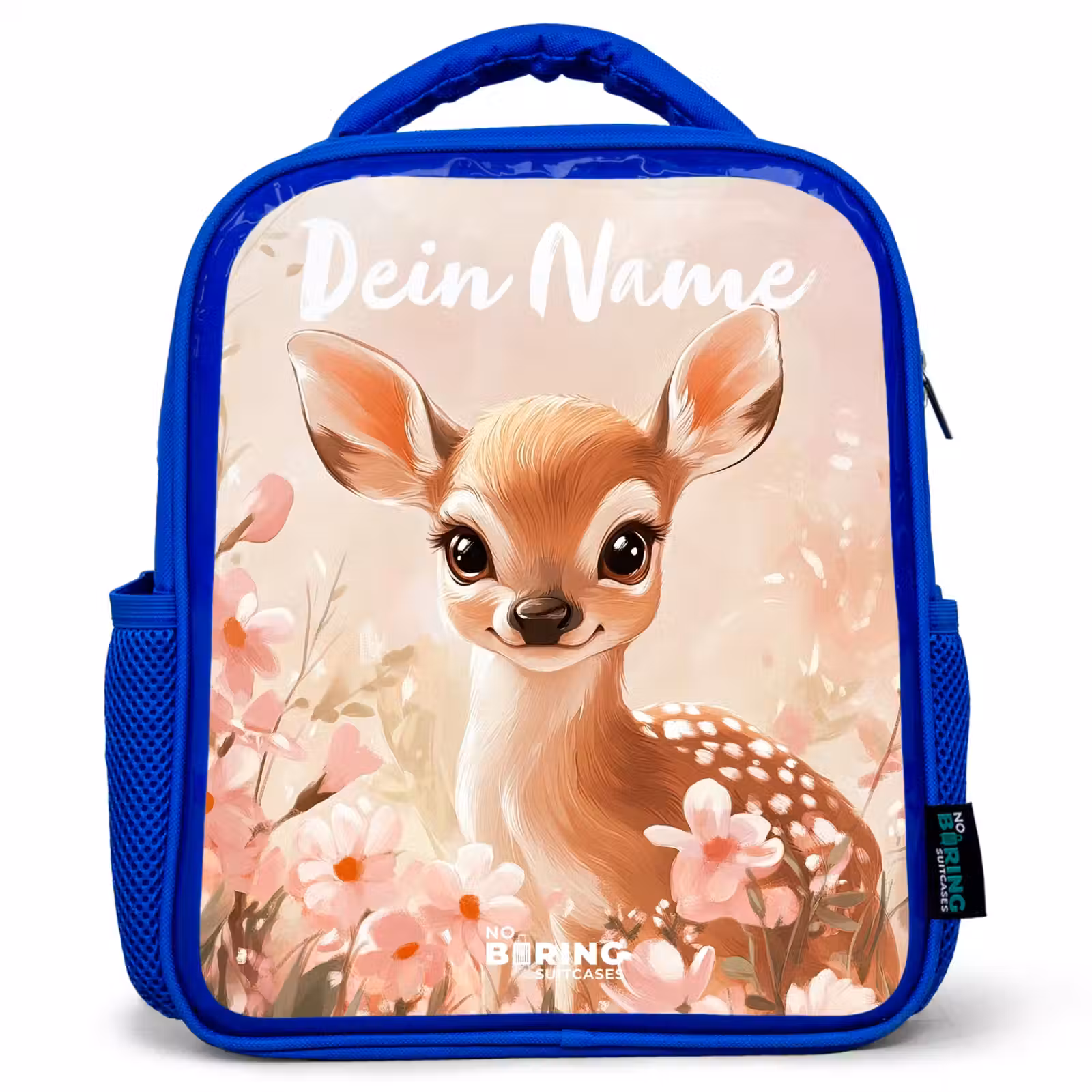 Kinderrucksack mit Namen - Blau - Hirsche - Blumen - Punkte - Rosa — 1