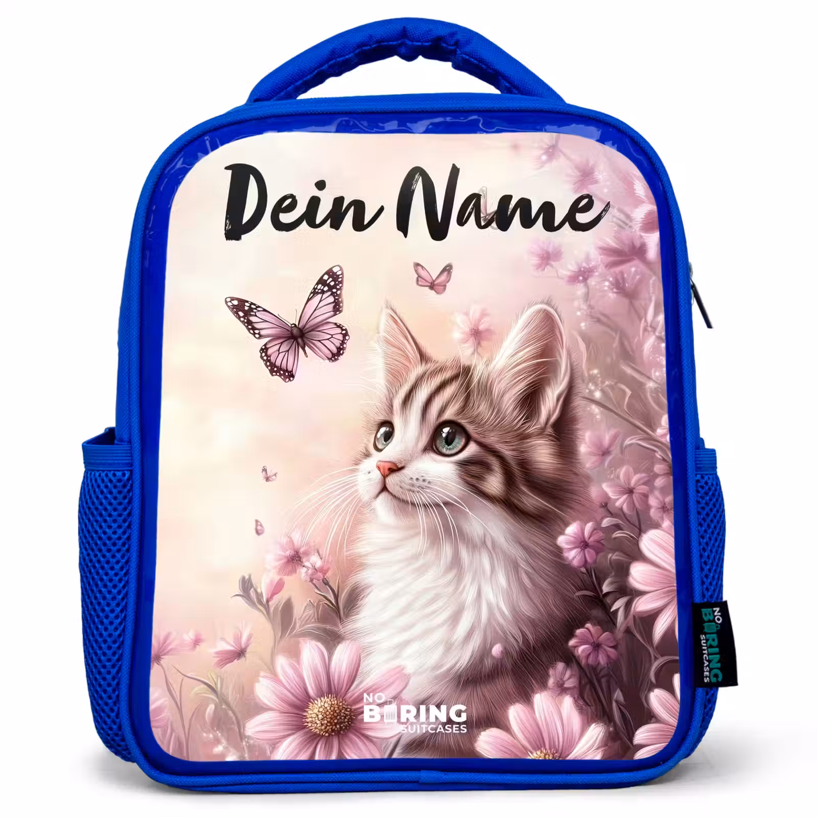 Kinderrucksack mit Namen - Blau - Kätzchen - Schmetterlinge - Lila - Blumen — 1