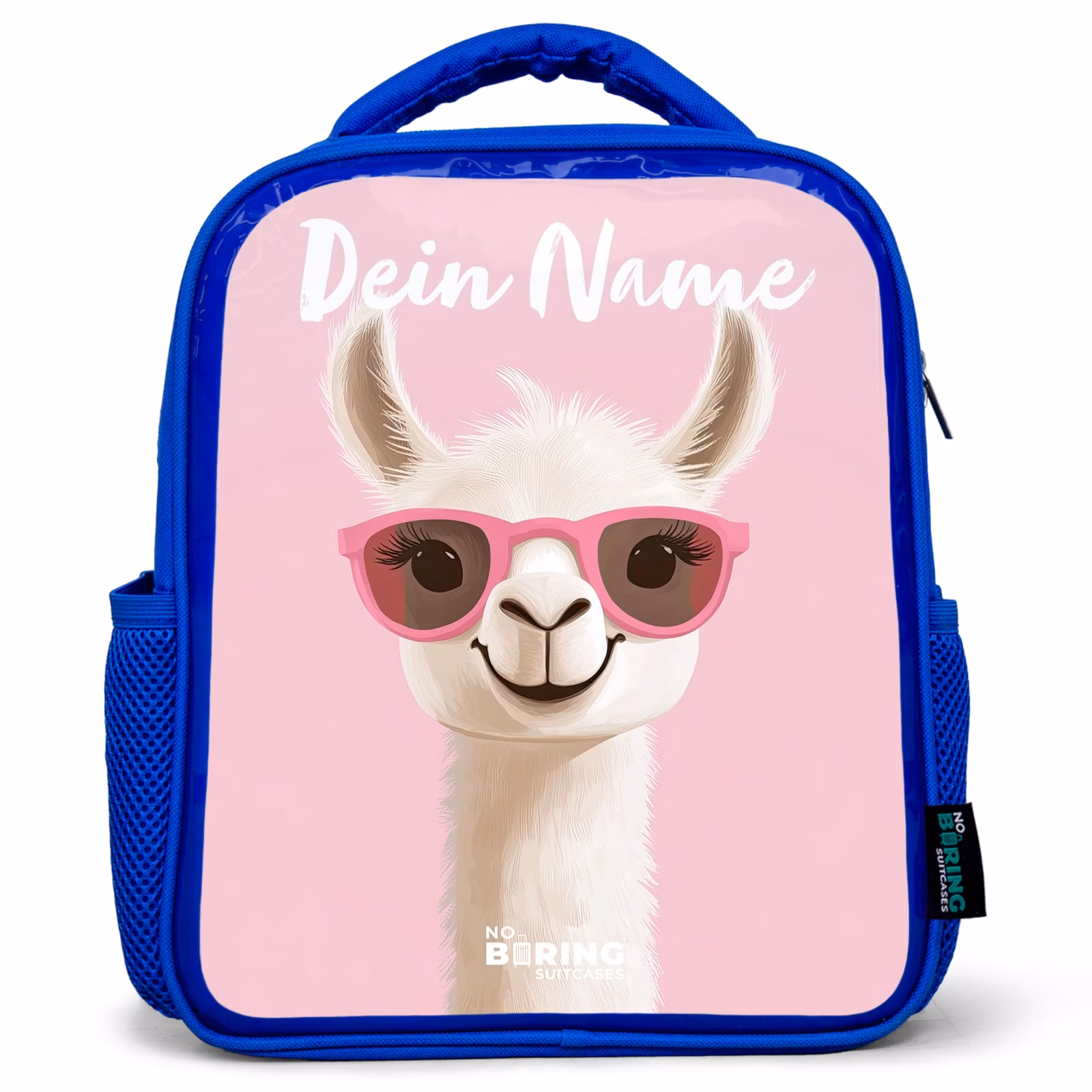 Kinderrucksack mit Namen - Blau - Lama - Weiß - Sonnenbrille - Wimpern — 1