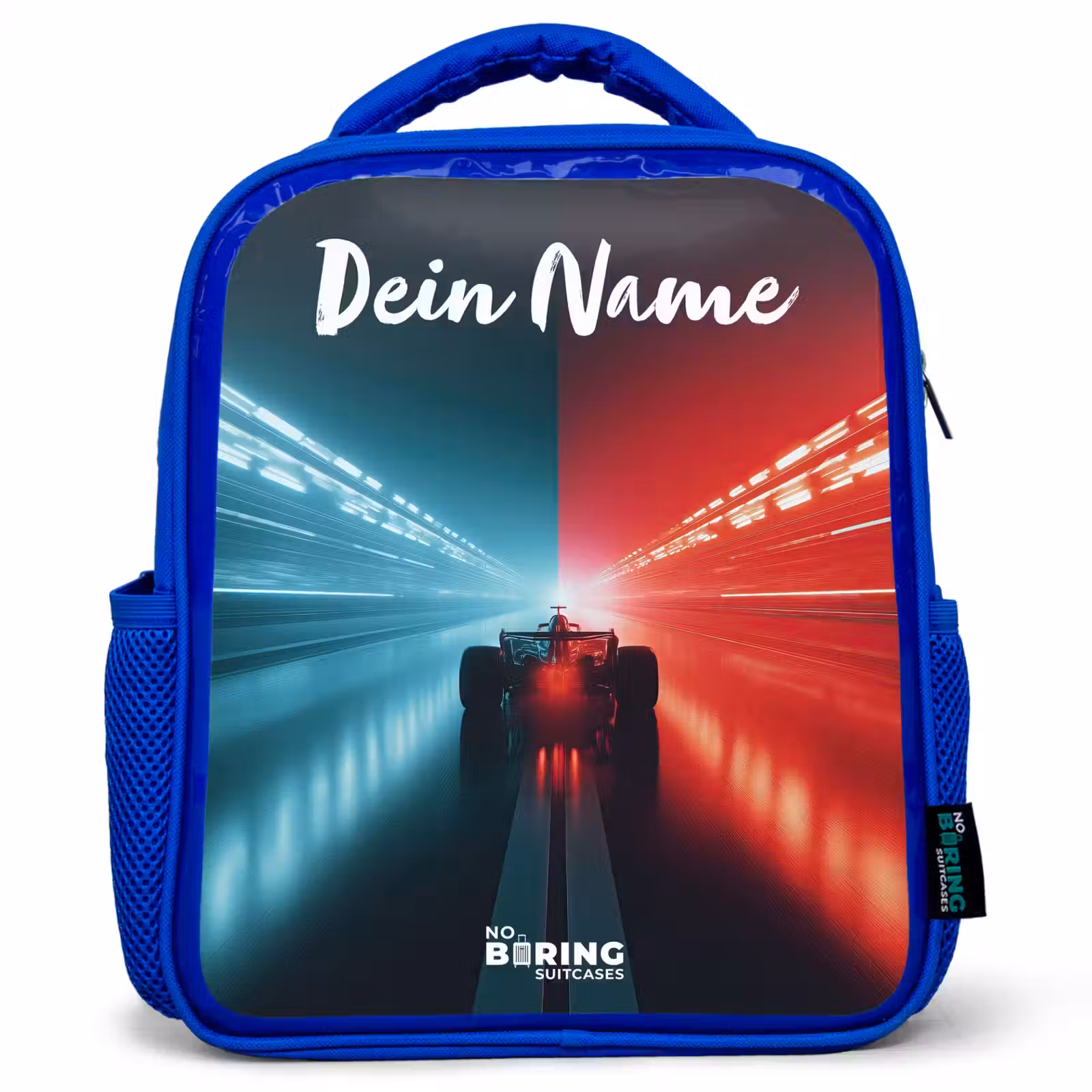 Kinderrucksack mit Namen - Blau - Rennwagen - Beleuchtung - Neon - Rot — 1