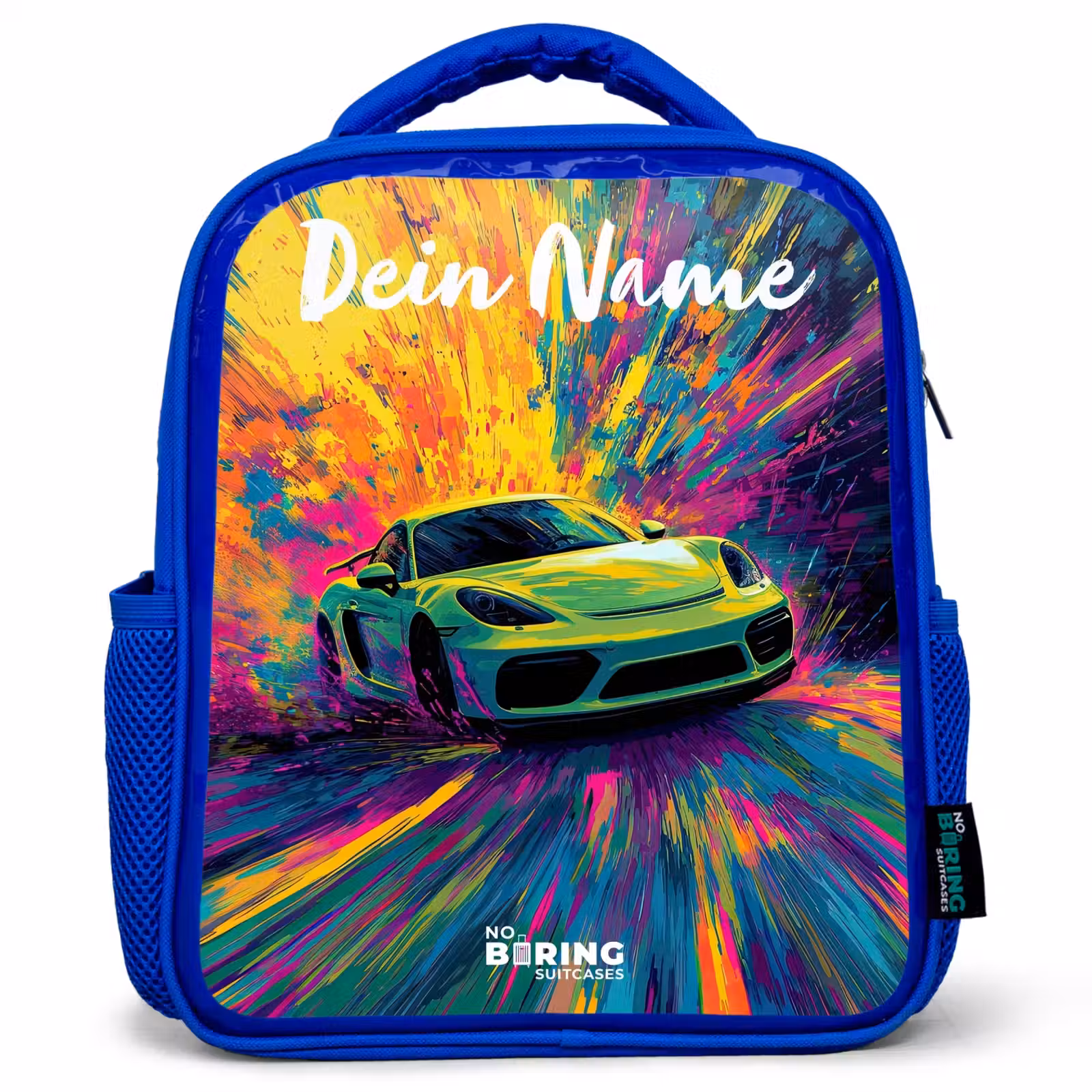 Kinderrucksack mit Namen - Blau - Sportwagen - Grün - Lackstreifen - Farben — 1