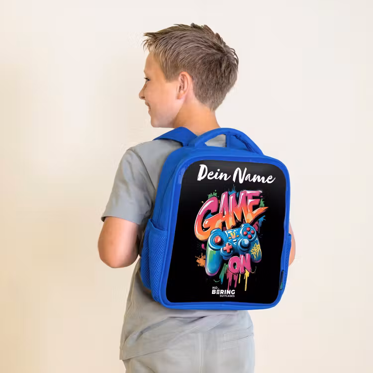 Kinderrucksack mit Namen - Blau - Controller - Spiel - Graffiti - Text — 2