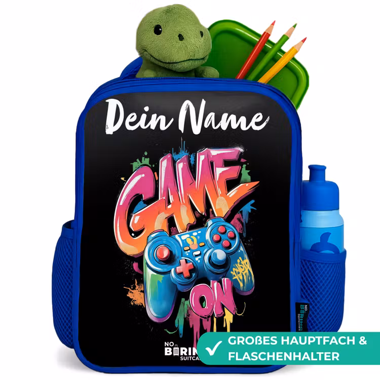 Kinderrucksack mit Namen - Blau - Controller - Spiel - Graffiti - Text — 3
