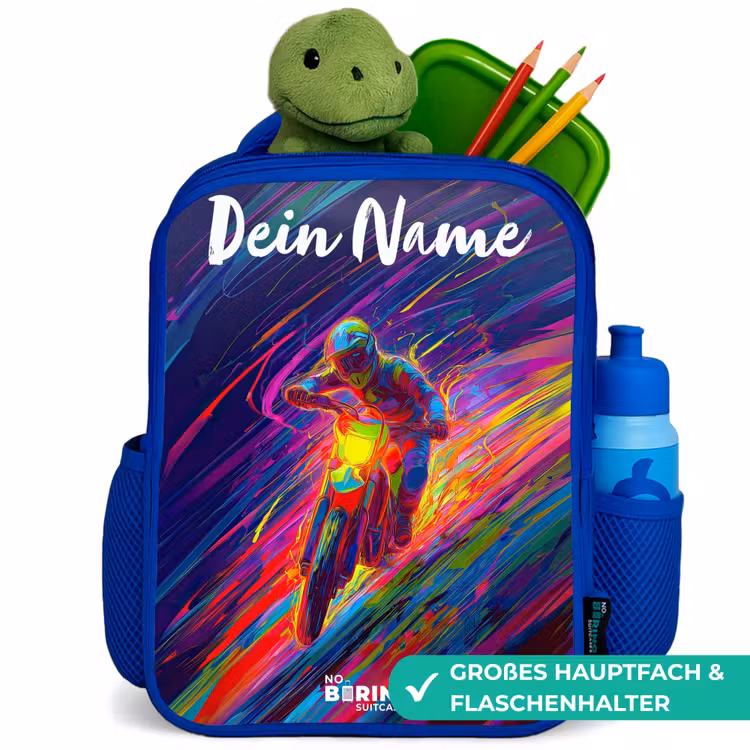 Kinderrucksack mit Namen - Blau - Crossrad - Neonfarben - Linien - Helm — 3