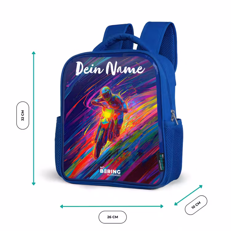 Kinderrucksack mit Namen - Blau - Crossrad - Neonfarben - Linien - Helm — 6