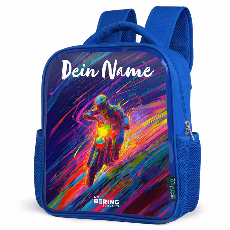 Kinderrucksack mit Namen - Blau - Crossrad - Neonfarben - Linien - Helm — 7