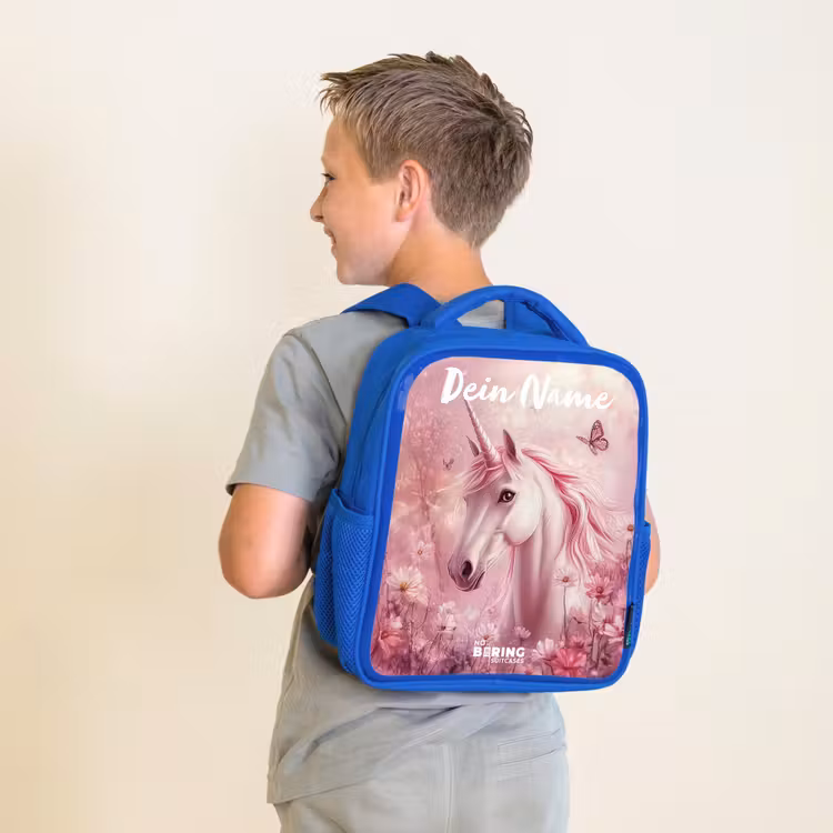 Kinderrucksack mit Namen - Blau - Einhorn - Rosa - Schmetterling - Blumen — 2