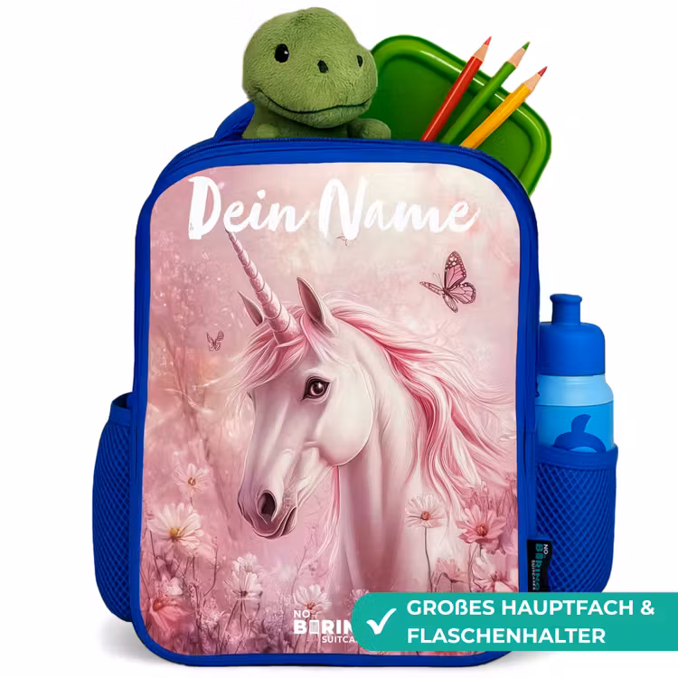 Kinderrucksack mit Namen - Blau - Einhorn - Rosa - Schmetterling - Blumen — 3