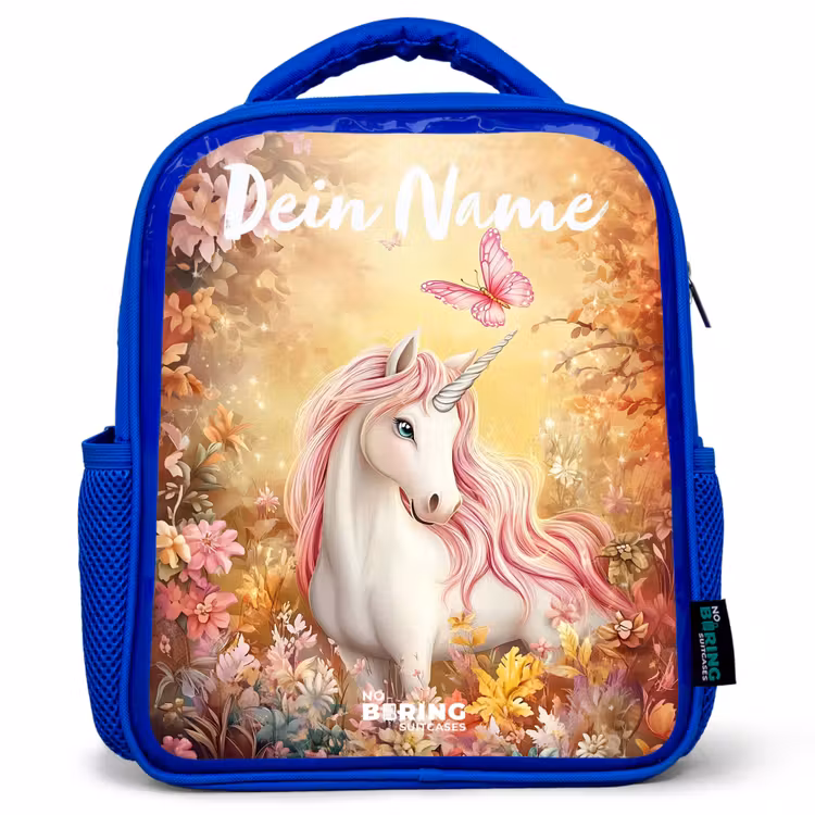 Kinderrucksack mit Namen - Blau - Einhorn - Schmetterling - Rosa - Mähne — 1