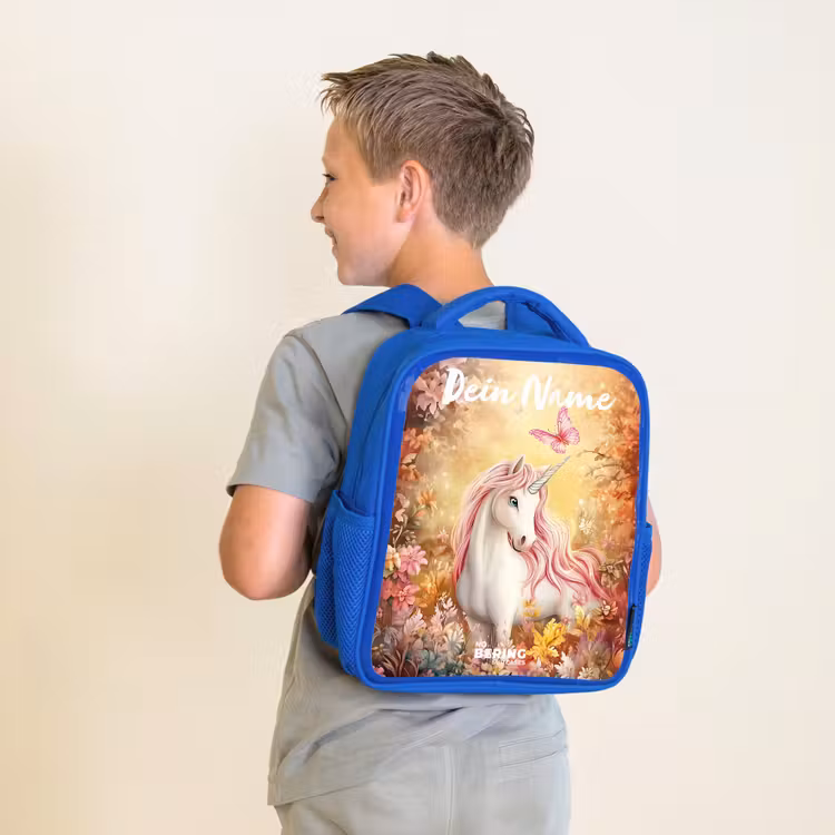 Kinderrucksack mit Namen - Blau - Einhorn - Schmetterling - Rosa - Mähne — 2