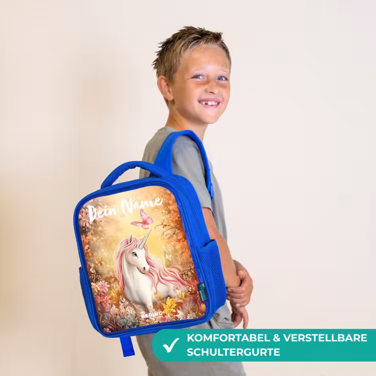 Kinderrucksack mit Namen - Blau - Einhorn - Schmetterling - Rosa - Mähne — 5