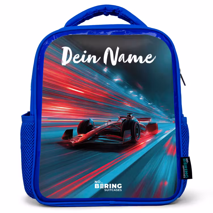 Kinderrucksack mit Namen - Blau - Formel 1 - Rennwagen - Rot - Neonlichter — 1