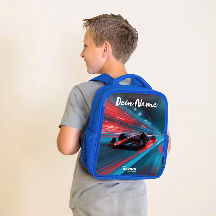Kinderrucksack mit Namen - Blau - Formel 1 - Rennwagen - Rot - Neonlichter — 2