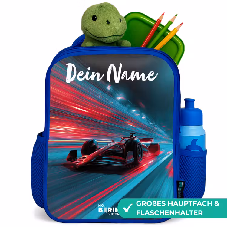 Kinderrucksack mit Namen - Blau - Formel 1 - Rennwagen - Rot - Neonlichter — 3