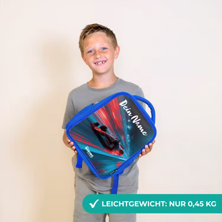 Kinderrucksack mit Namen - Blau - Formel 1 - Rennwagen - Rot - Neonlichter — 4