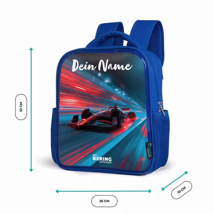 Kinderrucksack mit Namen - Blau - Formel 1 - Rennwagen - Rot - Neonlichter — 6