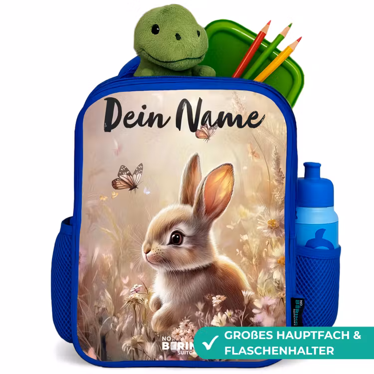 Kinderrucksack mit Namen - Blau - Hase - Braun - Blumen - Schmetterlinge — 3