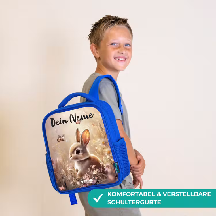 Kinderrucksack mit Namen - Blau - Hase - Braun - Blumen - Schmetterlinge — 5
