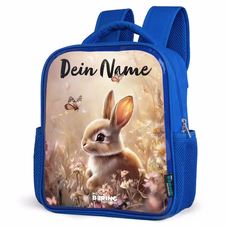 Kinderrucksack mit Namen - Blau - Hase - Braun - Blumen - Schmetterlinge — 7