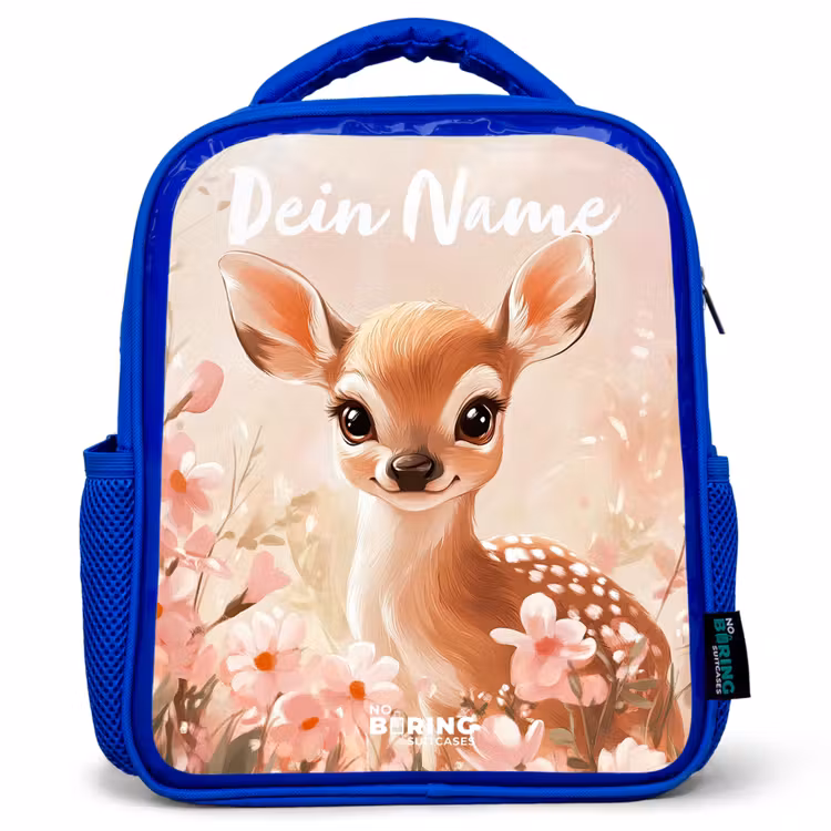 Kinderrucksack mit Namen - Blau - Hirsche - Blumen - Punkte - Rosa — 1