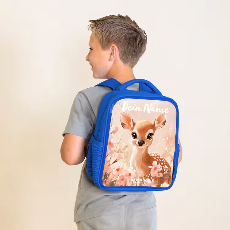 Kinderrucksack mit Namen - Blau - Hirsche - Blumen - Punkte - Rosa — 2