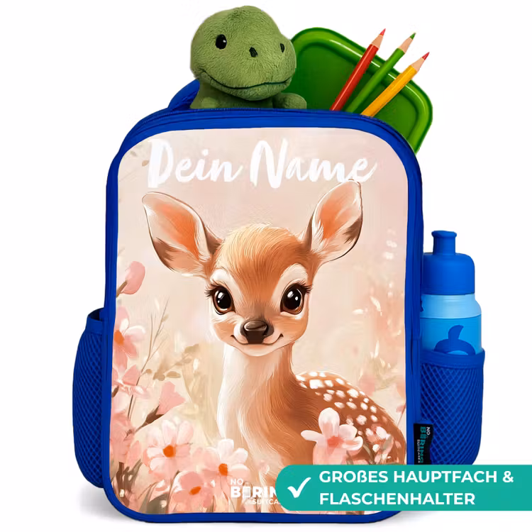 Kinderrucksack mit Namen - Blau - Hirsche - Blumen - Punkte - Rosa — 3