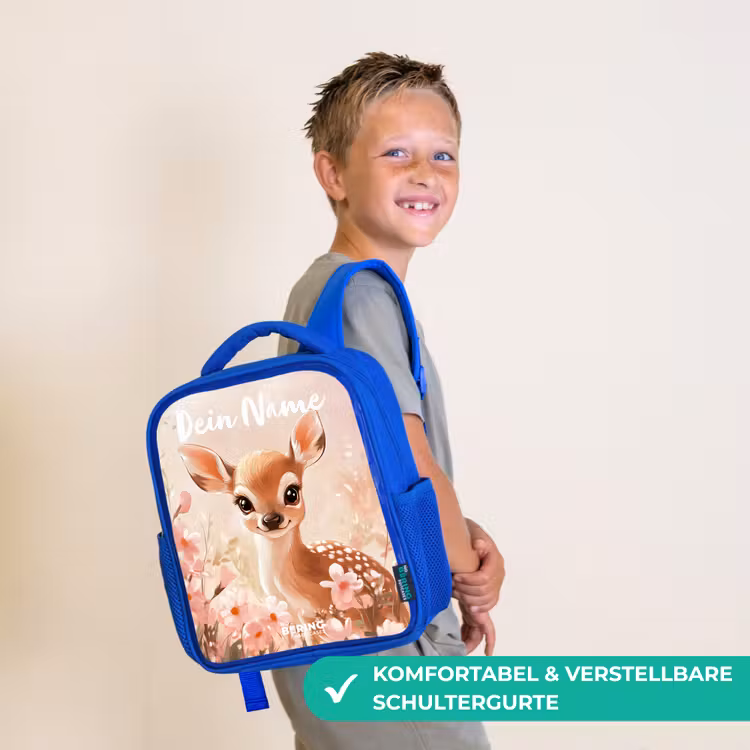Kinderrucksack mit Namen - Blau - Hirsche - Blumen - Punkte - Rosa — 5