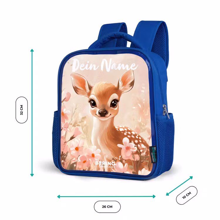 Kinderrucksack mit Namen - Blau - Hirsche - Blumen - Punkte - Rosa — 6