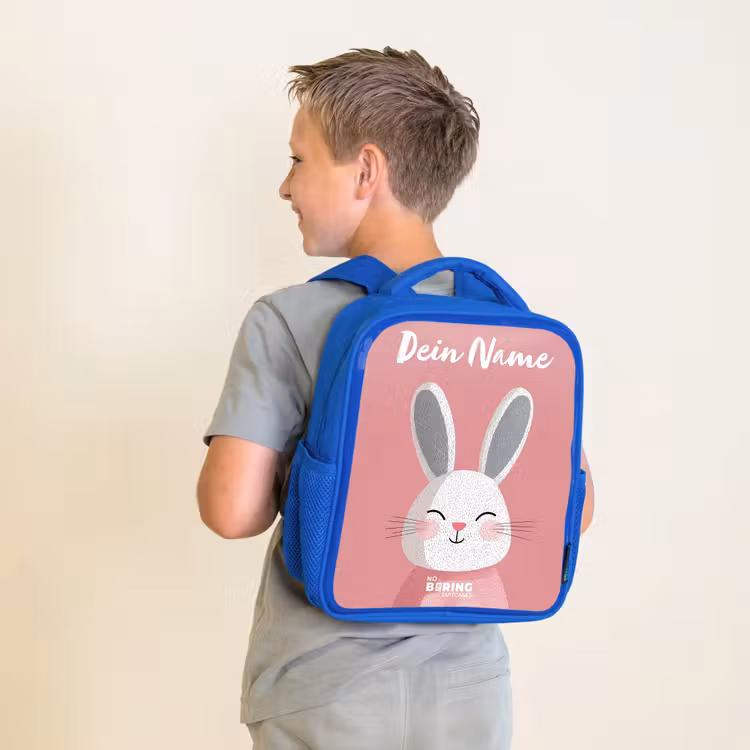 Kinderrucksack mit Namen - Blau - Kaninchen - Erröten - Punkte - Rosa — 2
