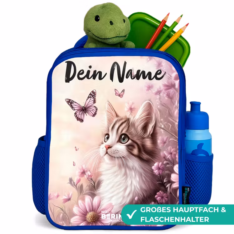 Kinderrucksack mit Namen - Blau - Kätzchen - Schmetterlinge - Lila - Blumen — 3