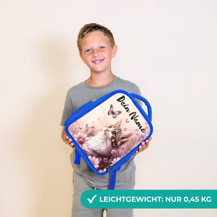 Kinderrucksack mit Namen - Blau - Kätzchen - Schmetterlinge - Lila - Blumen — 4