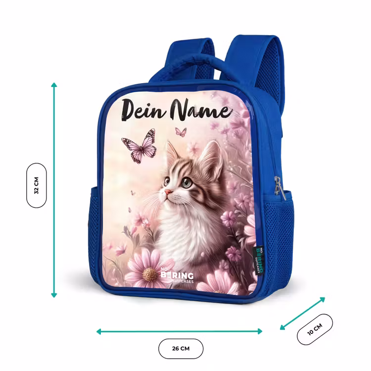 Kinderrucksack mit Namen - Blau - Kätzchen - Schmetterlinge - Lila - Blumen — 6