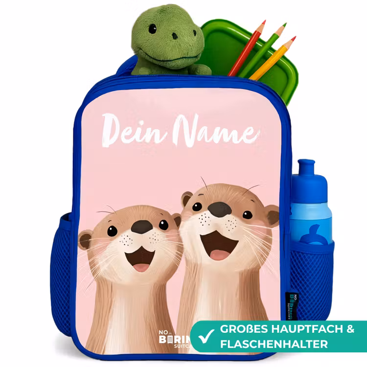 Kinderrucksack mit Namen - Blau - Lächeln - Otter - Rosa - Illustration — 3