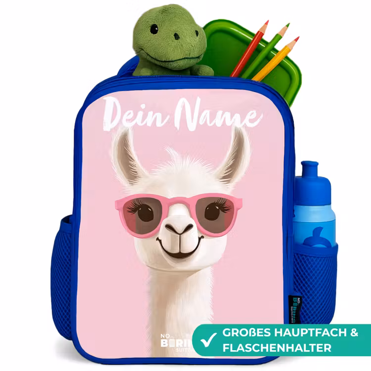 Kinderrucksack mit Namen - Blau - Lama - Weiß - Sonnenbrille - Wimpern — 3