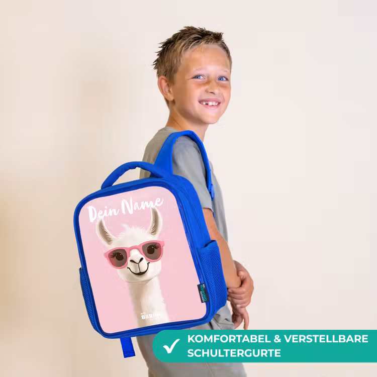 Kinderrucksack mit Namen - Blau - Lama - Weiß - Sonnenbrille - Wimpern — 5