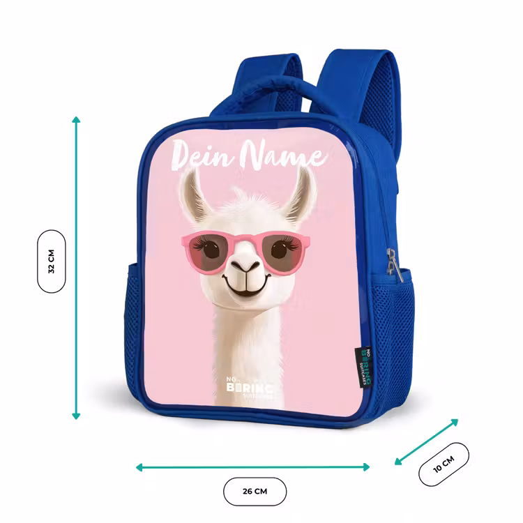 Kinderrucksack mit Namen - Blau - Lama - Weiß - Sonnenbrille - Wimpern — 6