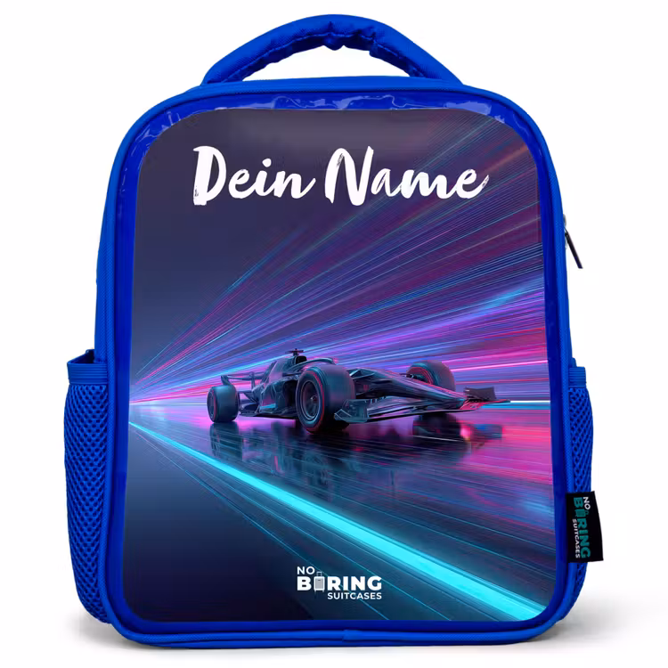 Kinderrucksack mit Namen - Blau - Lichtbalken - Neon - Rennwagen - Lila — 1