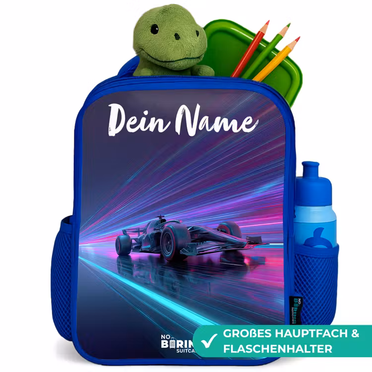 Kinderrucksack mit Namen - Blau - Lichtbalken - Neon - Rennwagen - Lila — 3