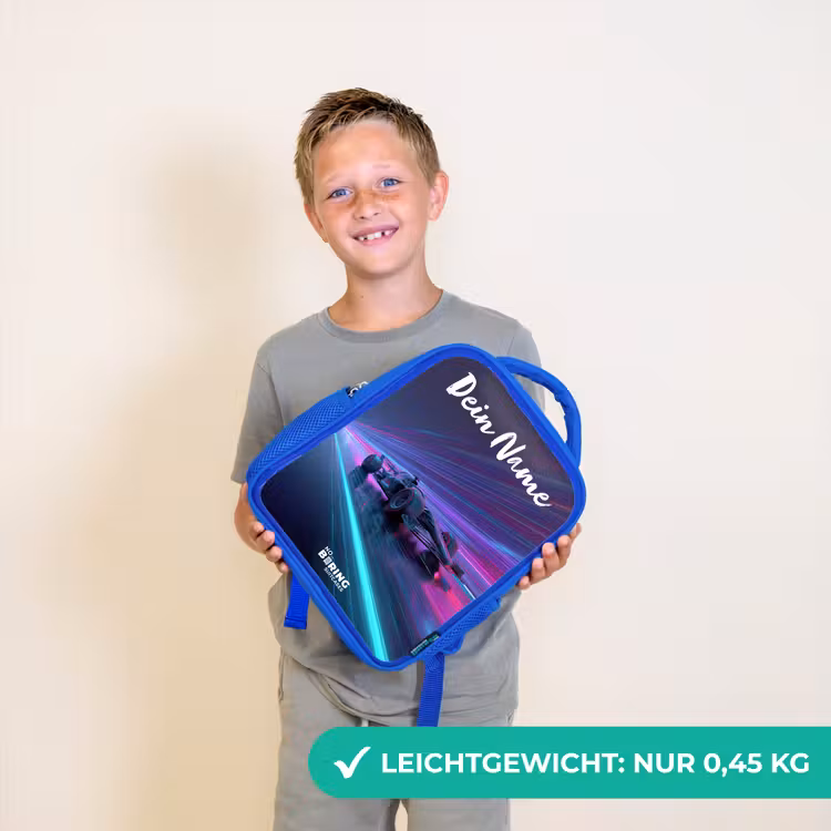 Kinderrucksack mit Namen - Blau - Lichtbalken - Neon - Rennwagen - Lila — 4