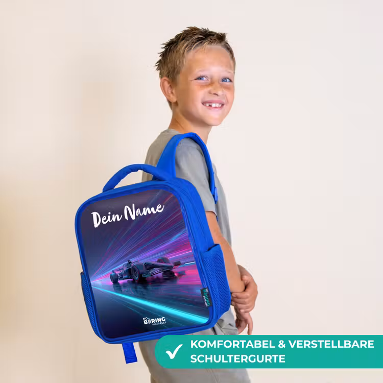 Kinderrucksack mit Namen - Blau - Lichtbalken - Neon - Rennwagen - Lila — 5