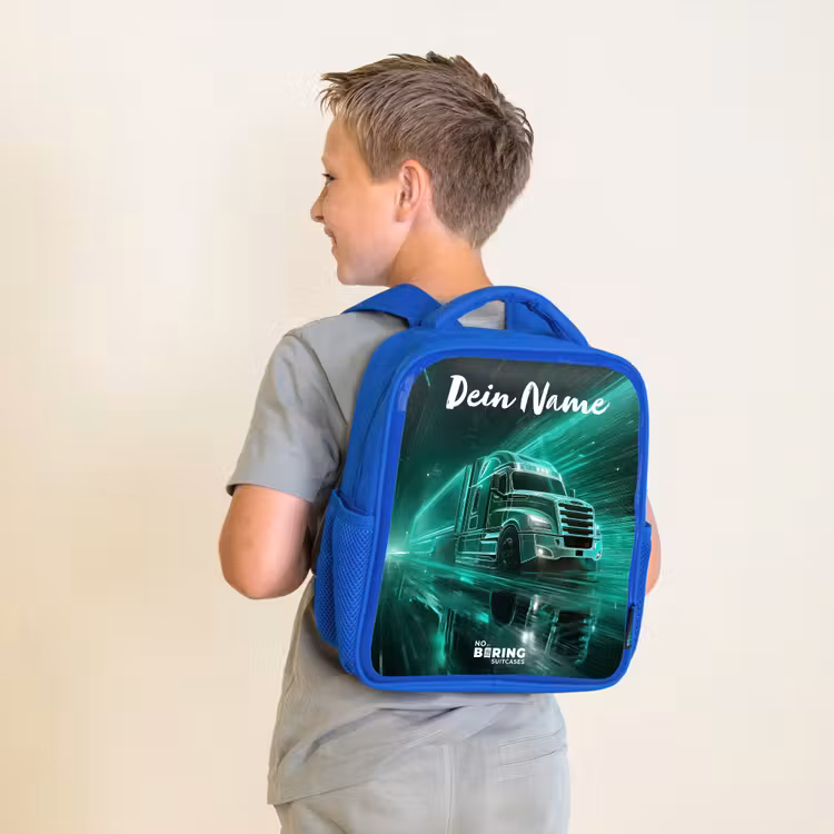 Kinderrucksack mit Namen - Blau - Lkw - Stadt - Grün - Neon — 2
