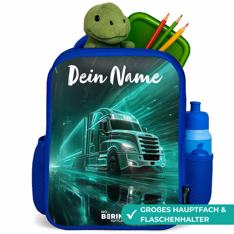 Kinderrucksack mit Namen - Blau - Lkw - Stadt - Grün - Neon — 3