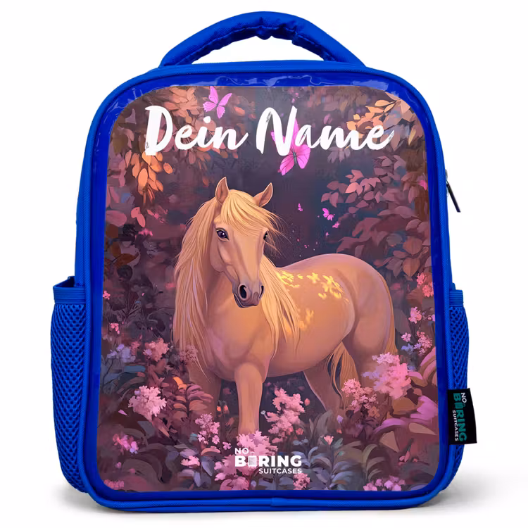 Kinderrucksack mit Namen - Blau - Pferd - Blumen - Lila - Schmetterling — 1
