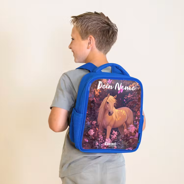 Kinderrucksack mit Namen - Blau - Pferd - Blumen - Lila - Schmetterling — 2