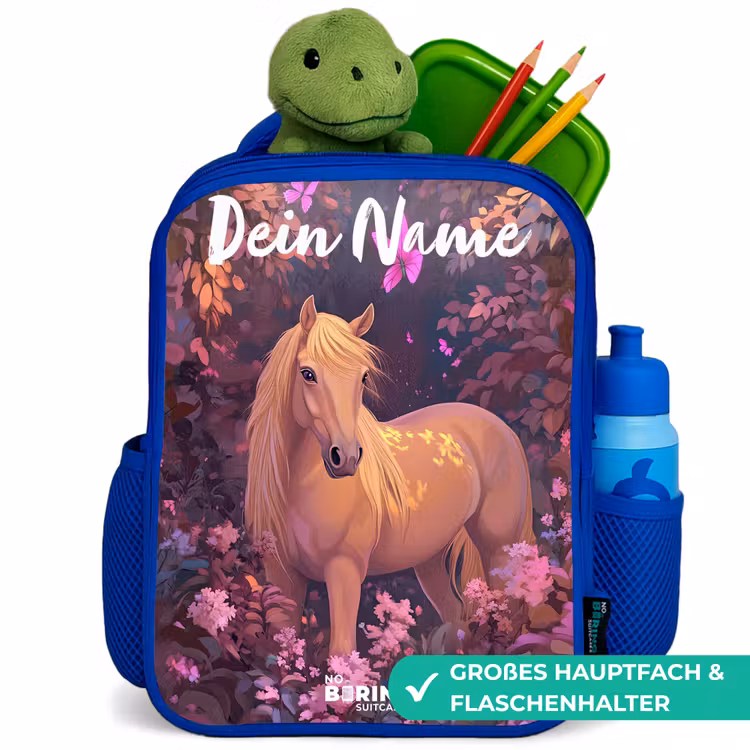 Kinderrucksack mit Namen - Blau - Pferd - Blumen - Lila - Schmetterling — 3