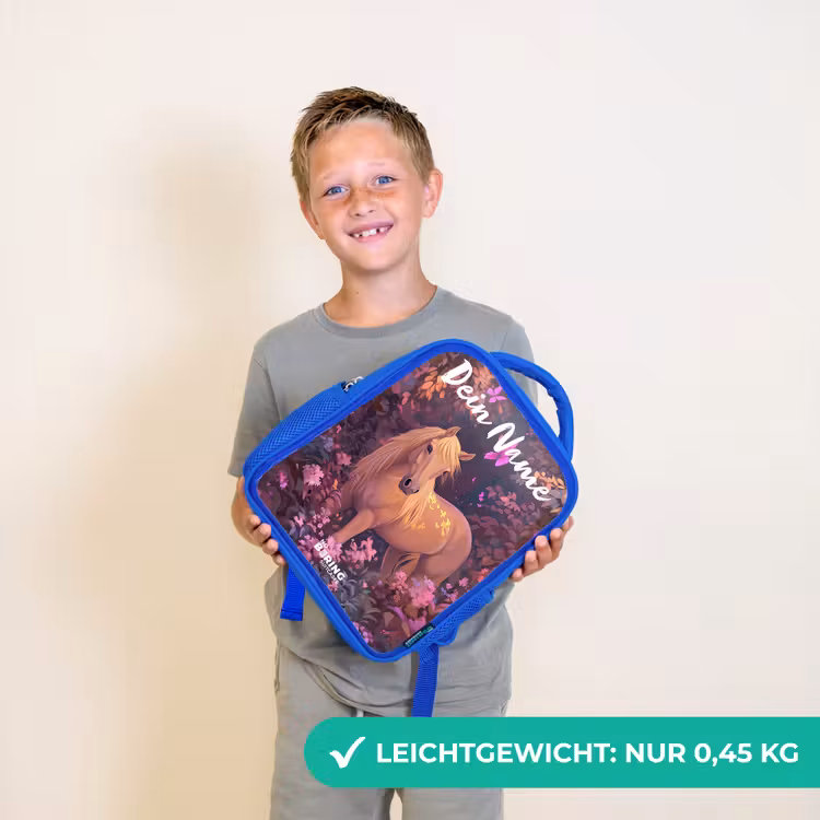 Kinderrucksack mit Namen - Blau - Pferd - Blumen - Lila - Schmetterling — 4