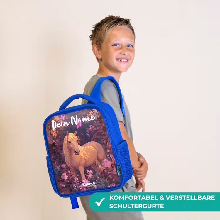 Kinderrucksack mit Namen - Blau - Pferd - Blumen - Lila - Schmetterling — 5