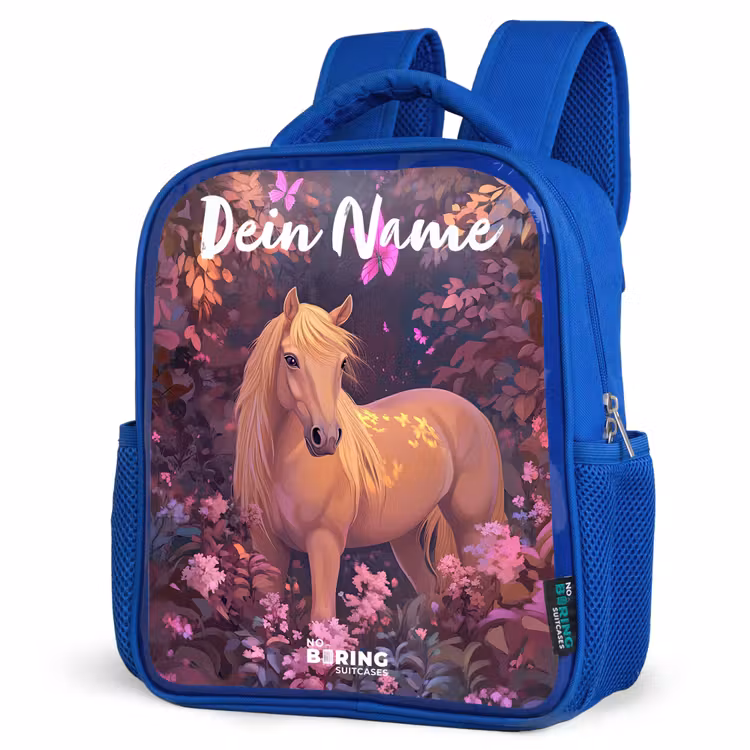 Kinderrucksack mit Namen - Blau - Pferd - Blumen - Lila - Schmetterling — 7