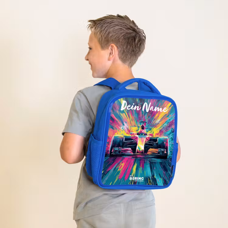 Kinderrucksack mit Namen - Blau - Rennwagen - Abstrakt - Streifen - Blau — 2