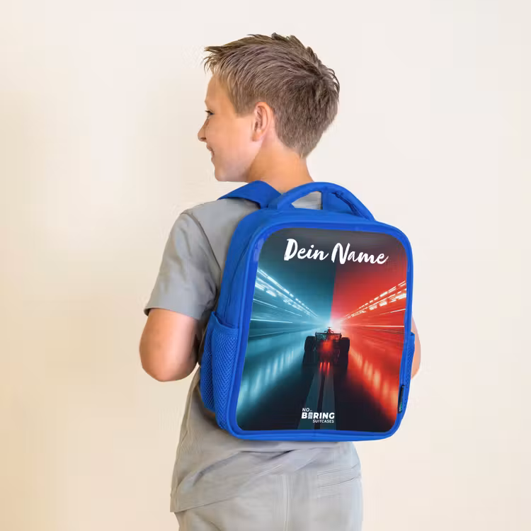 Kinderrucksack mit Namen - Blau - Rennwagen - Beleuchtung - Neon - Rot — 2